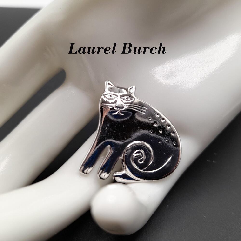 Vintage Laurel Burch Cat Brooch, Rhodium Plated, 1980s Vintage Jewelry